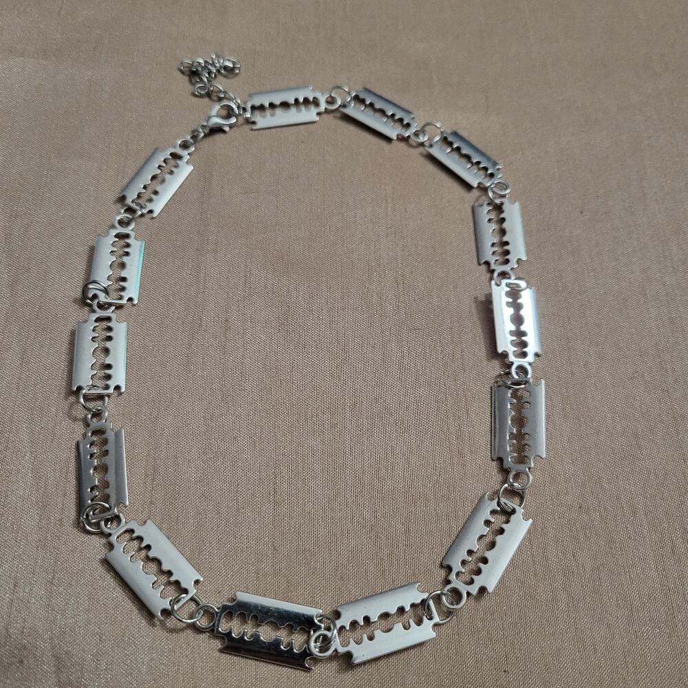 Gothic razor blade silver tone necklace